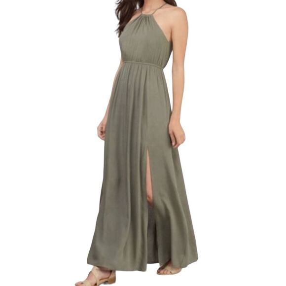 Tobi Army Green Halter Neck Side Slit Cut Out Back Full Length Maxi Dress sz Xs - Picture 9 of 10